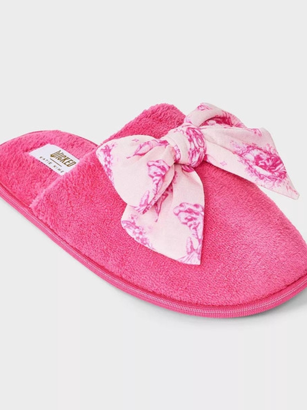 Wicked x Katie Kime Women's Graphic Slippers, Size 7-8 Pink with bow